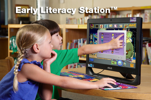 Picture of two children using Early Literacy Station computer.