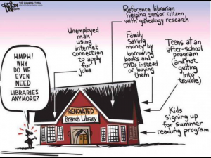 Cartoon of the many uses of the Library.